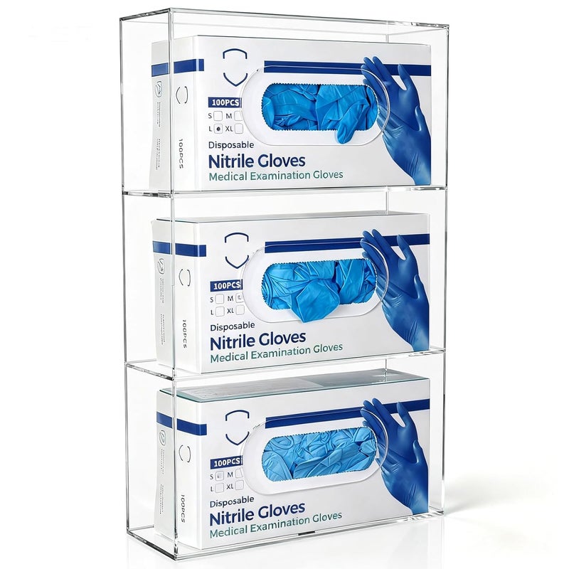 Aphbrada Triple Glove Box Holder Wall Mount, 3 Compartments Clear Acrylic Rubber Nitrile Gloves Dispenser for Lab, Hospital, Kitchen - Side-Loading - Mounting Hardware Included -10 x 3.5 x 16.4 IN - Image 1